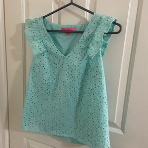 Lilly Pulitzer Aqua Eyelet Ruffle Top